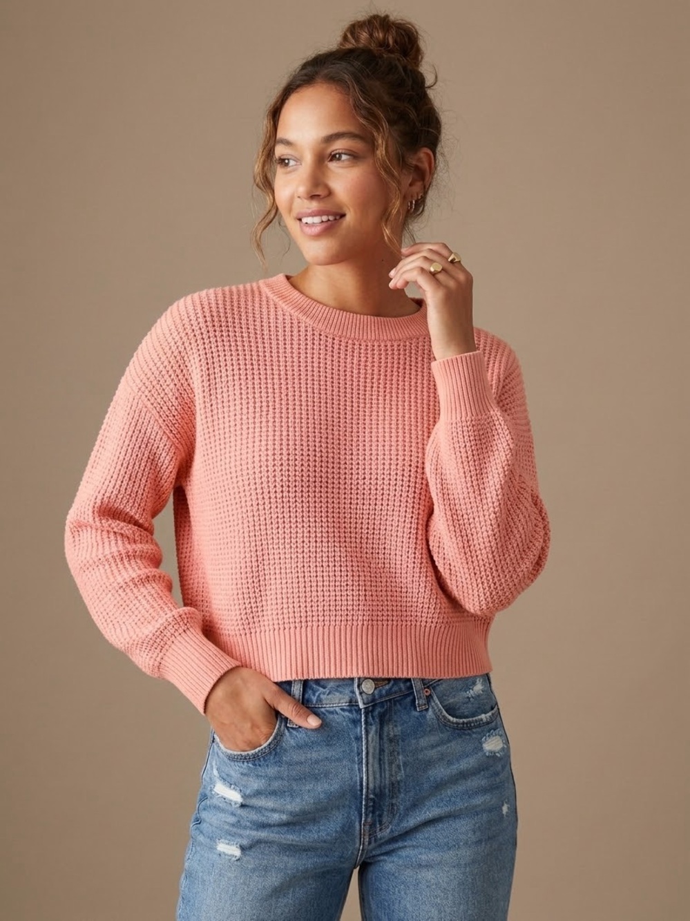 Old Navy 100% Cotton Shaker Stitch Chunky Knit Crewneck Pullover Sweater preppy